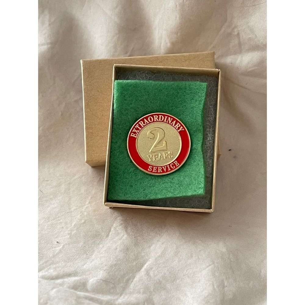 Vintage "Extraordinary Service" "2 Year" Gold Tone/Red Lapel Pin